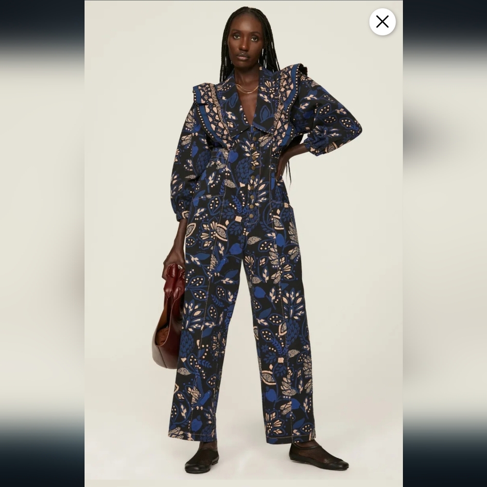 Farm Rio Macaw Forest blue tan jumpsuit L stunning!!